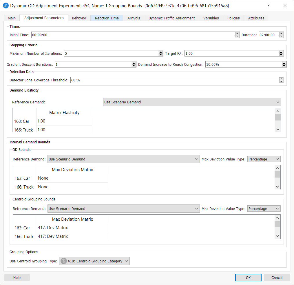 Dynamic OD Adjustment Experiment Parameters