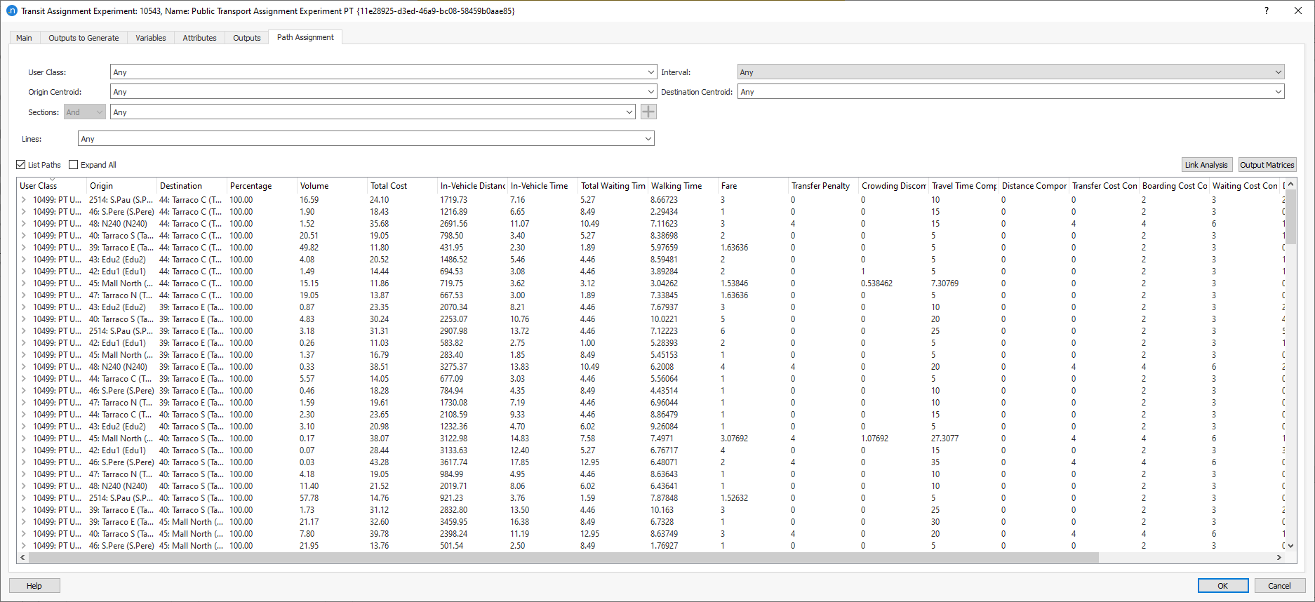 Transit Assignment Experiment Outputs: Paths