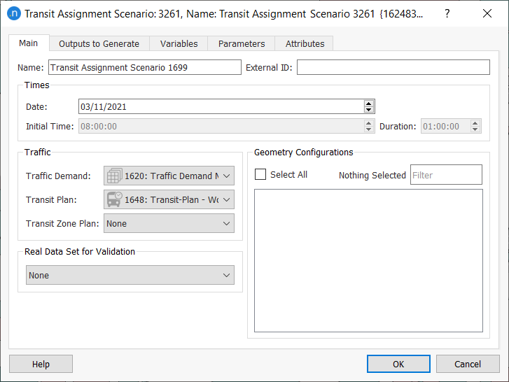 Transit Assignment Scenario – Main tab