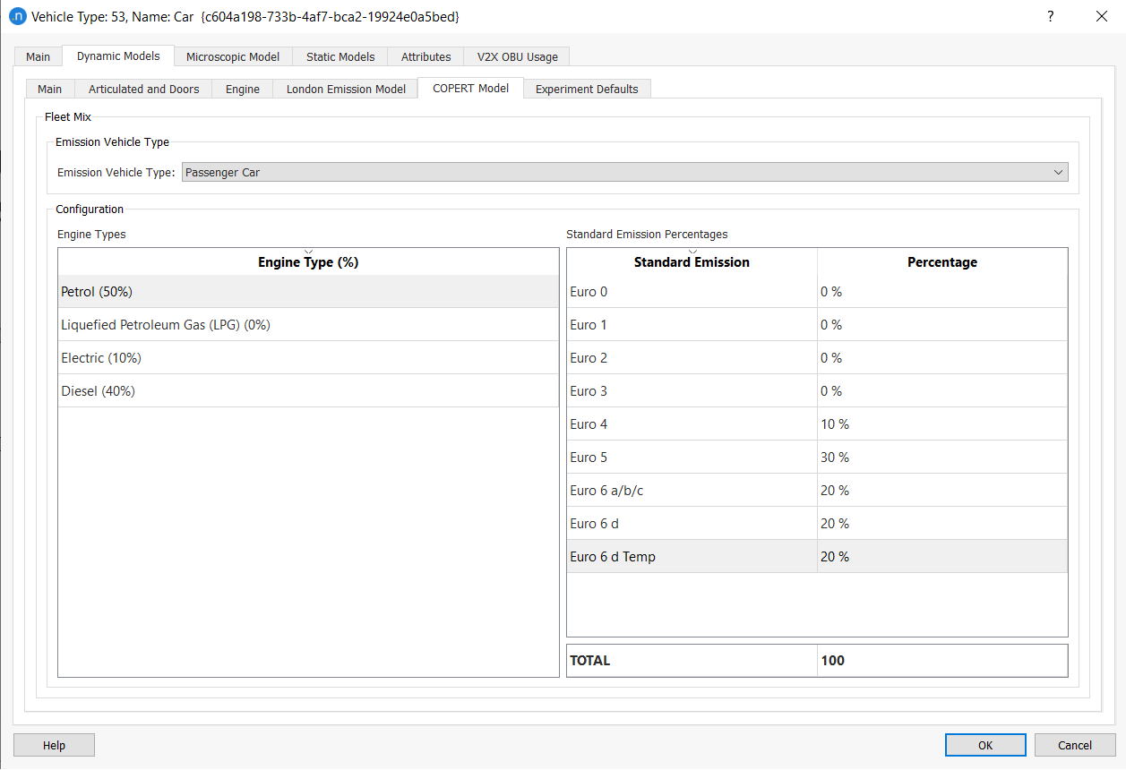 Vehicle Type editor - Fleet Mix of the LEM 