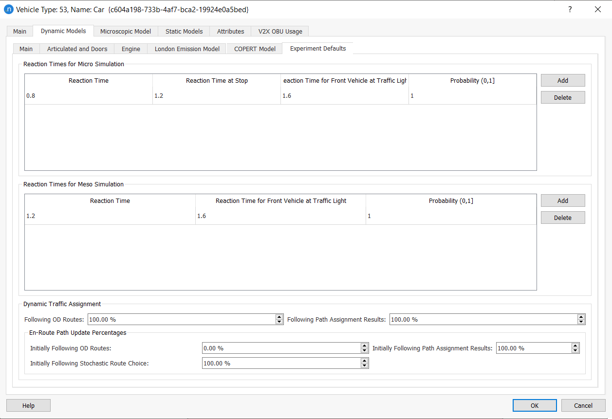 Vehicle Type editor - Dynamic Models tab - Experiment defaults tab 