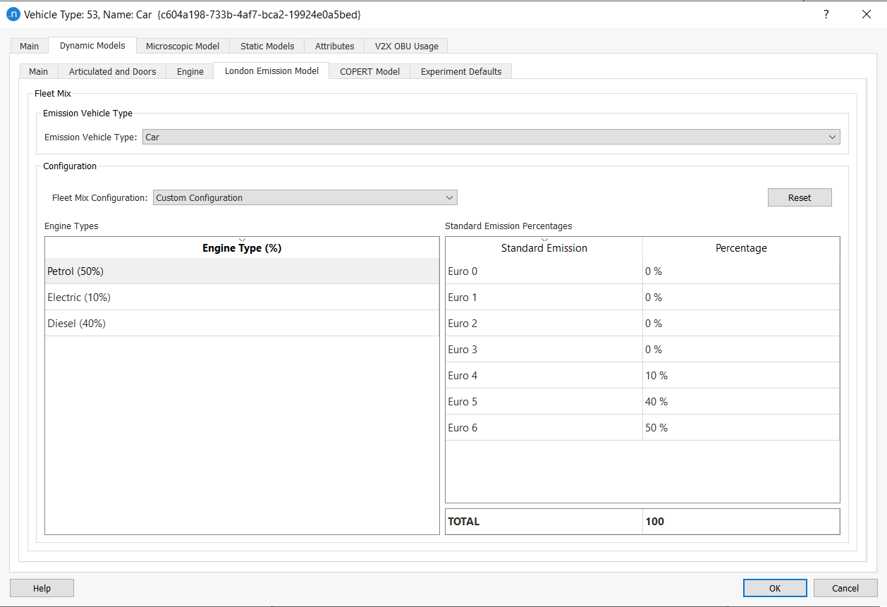 Vehicle Type editor - Fleet Mix of the LEM 