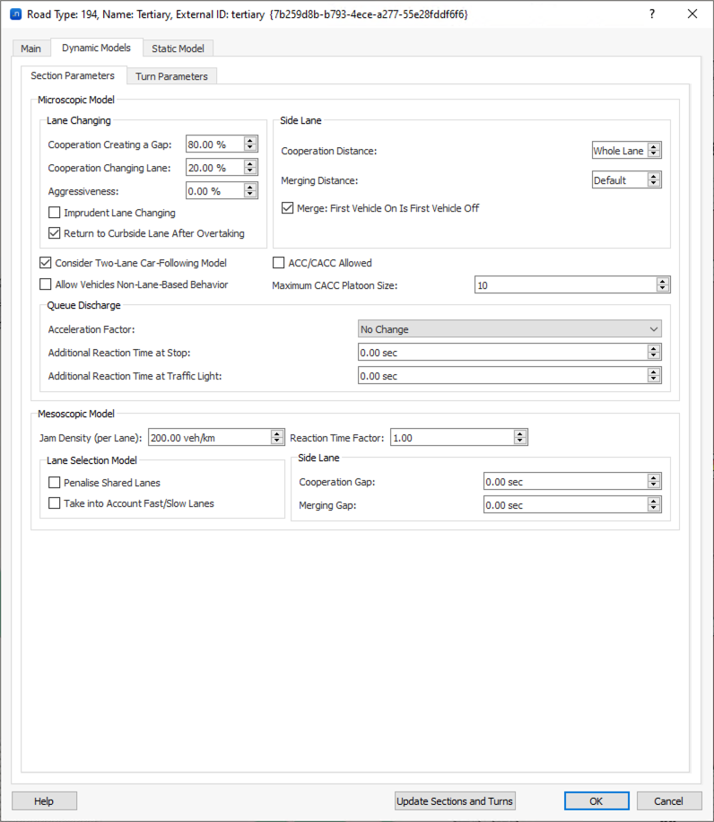 Road Type editor – Dynamic Models tab – Section parameters