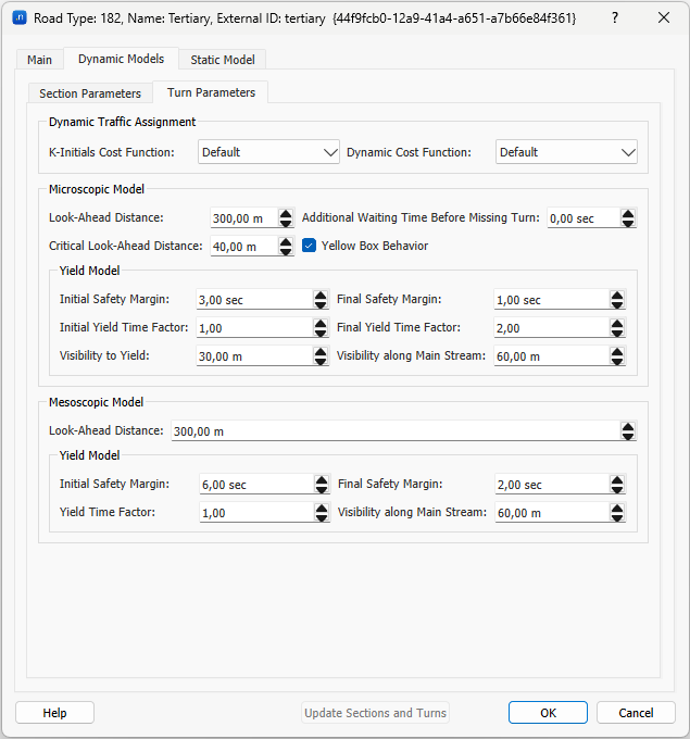 Road Type editor – Dynamic Models folder – Turn Parameters