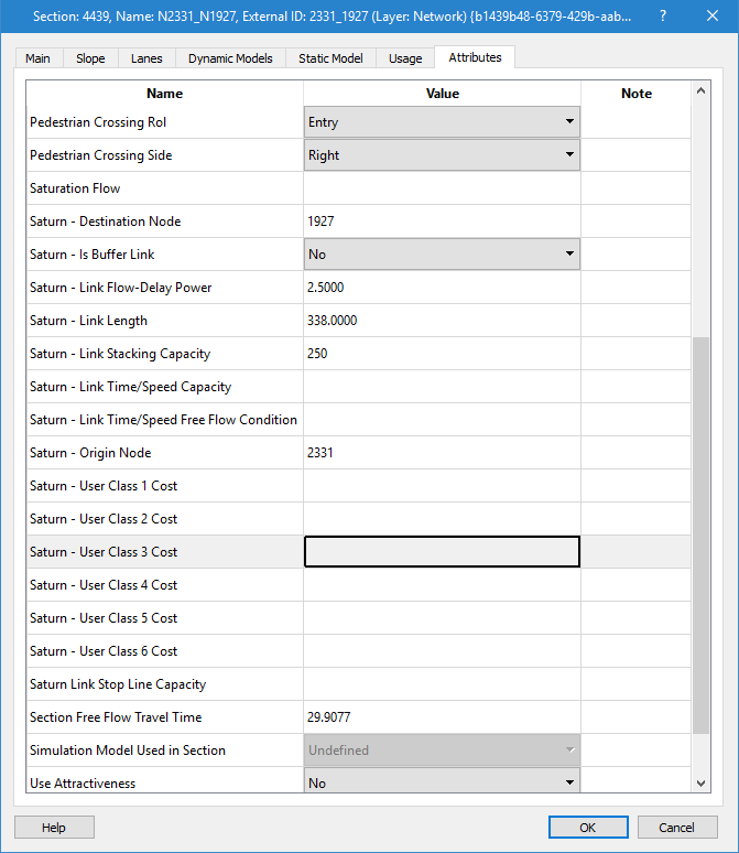 SATURN Matrix Road Section Attributes