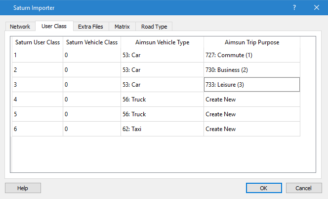 Saturn Importer, Matrices Tab Saturn Importer User Classes