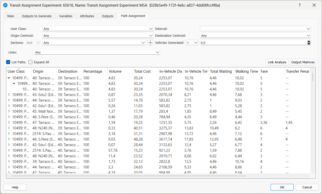 Transit Assignment Experiment Outputs: Paths