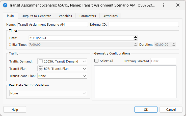 Transit Assignment Scenario – Main tab