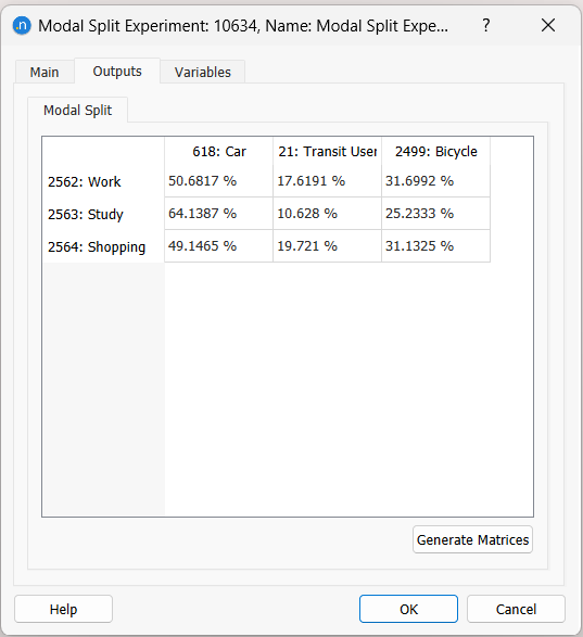 Modal split experiment dialog outputs tab