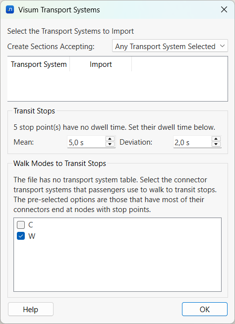 Walk modes in the Visum Importer Dialog