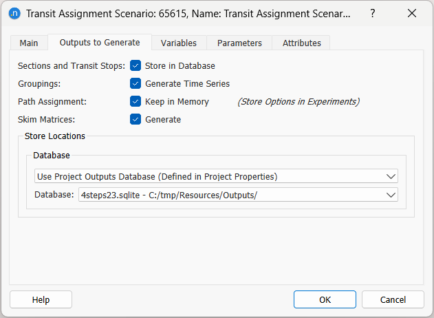 Transit Assignment Scenario – *Outputs to Generate* tab