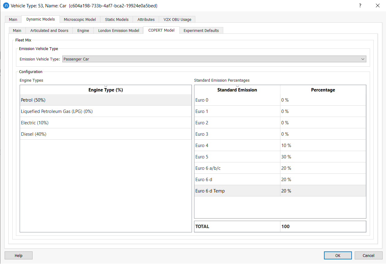 Vehicle Type editor - Fleet Mix of the LEM