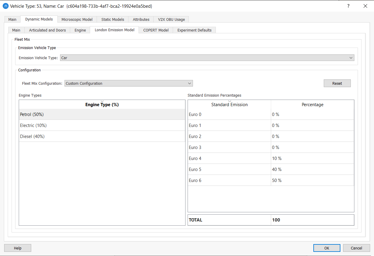 Vehicle Type editor - Fleet Mix of the LEM