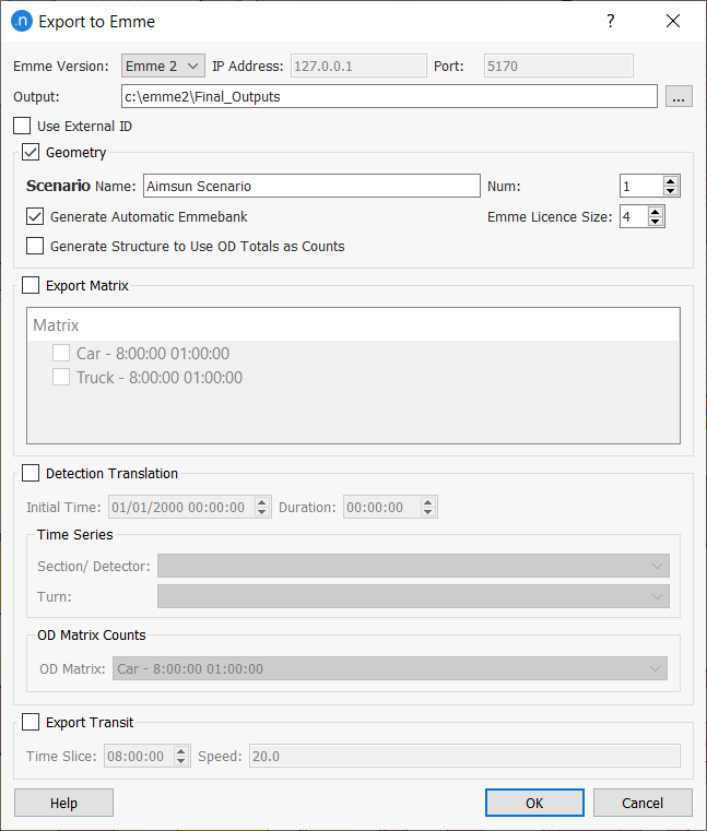 Export to Emme dialog Export to Emme dialog