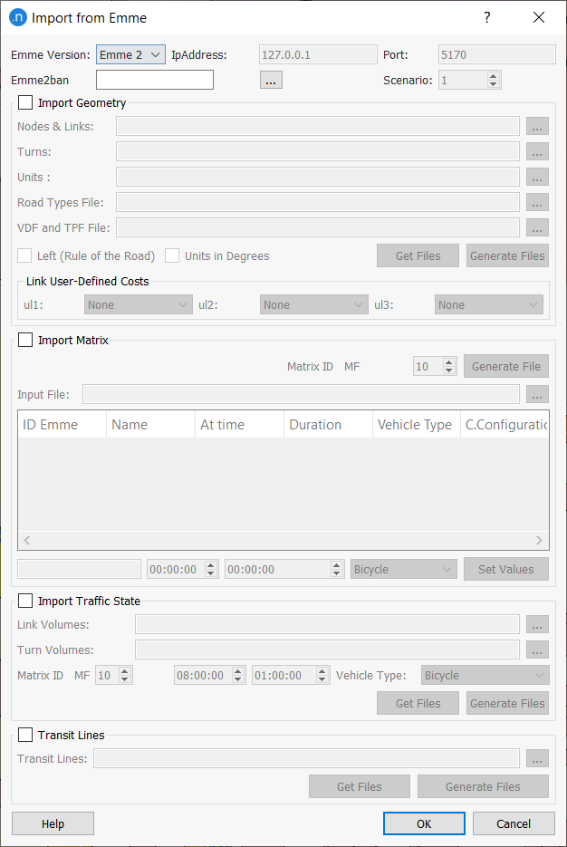 Import from Emme dialog Import from Emme dialog