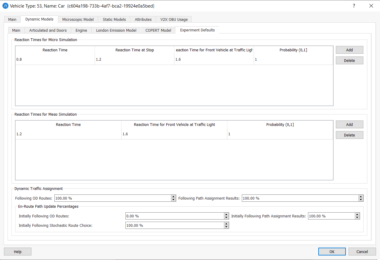 Vehicle Type editor - Dynamic Models tab - Experiment defaults tab