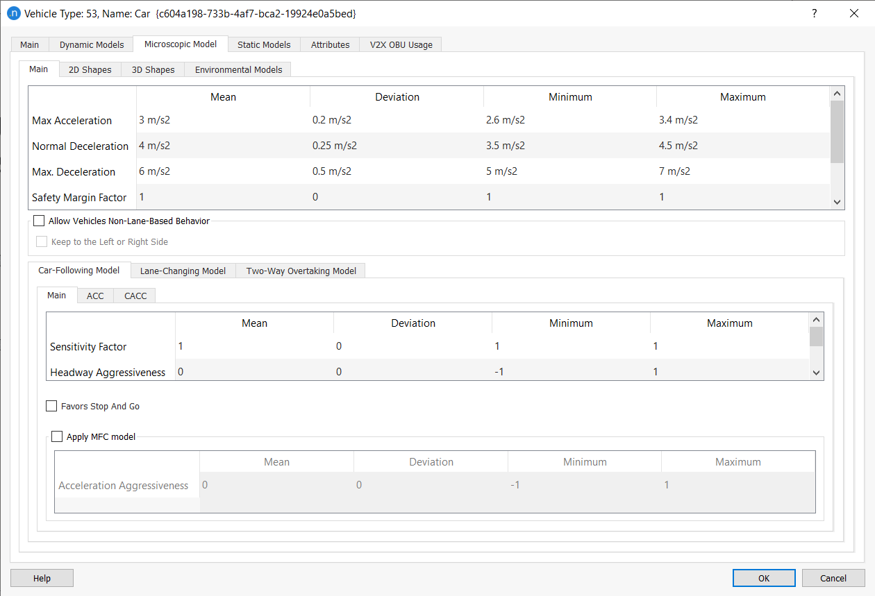 Vehicle Type editor - Microscopic Model Folder - Main subfolder