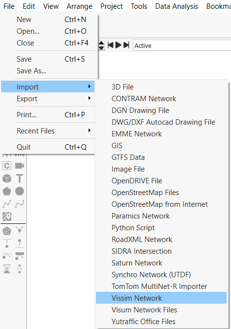 Access to Vissim Importer Dialog